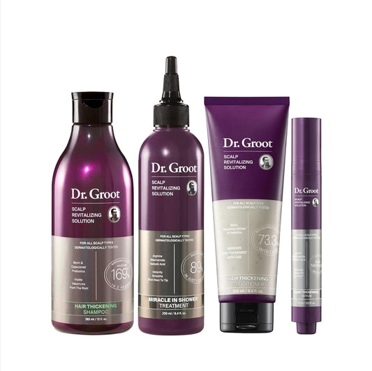 Coffret Dr. Groot épaississant (sérum, shampoing, après-shampoing et traitement du cuir chevelu) contre la chute des cheveux